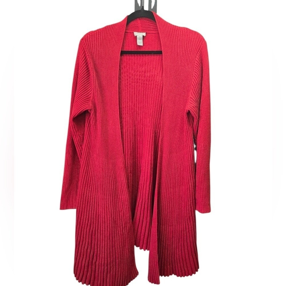 Chico's Angora Blend Red Ribbed Longline Open Front‎ Cardigan US Medium Cozy